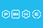 Logo mit den Buchstaben P, MH, H und E auf blauem Hintergrund, symbolisiert möglicherweise eine Marke oder ein Konzept.