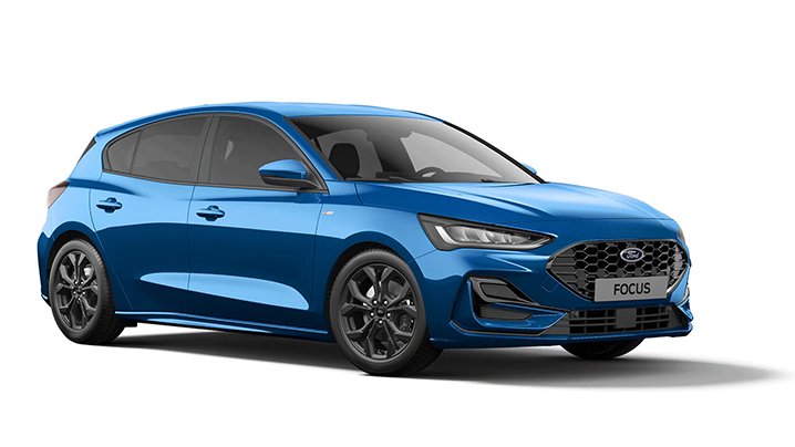 Ein blauer Ford Focus, kompakter Hatchback mit sportlichem Design und modernen Merkmalen, steht frontal abgebildet.