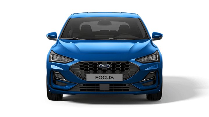 Blauer Ford Focus, Frontansicht, mit markantem Design und dem Schriftzug 