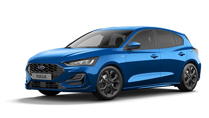 Blauer Ford Focus, modernes Design, Frontansicht, sportliche Linienführung, auf weißem Hintergrund.