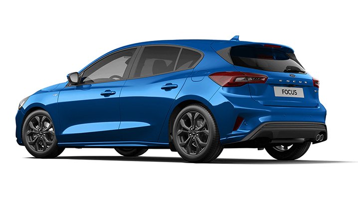 Ein blauer Ford Focus von hinten, mit sportlichem Design und schwarzen Felgen, auf weißem Hintergrund.