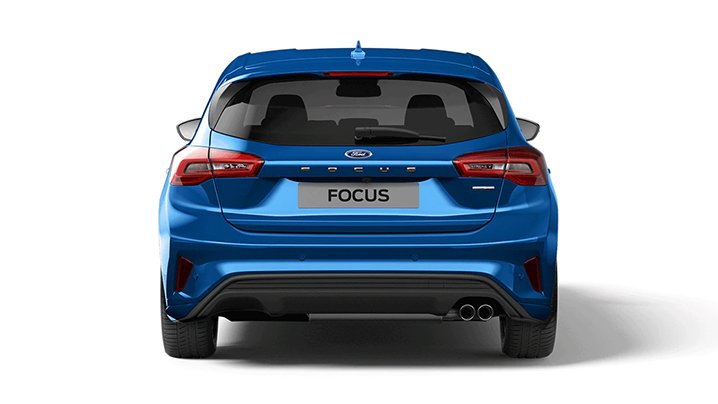 Rückansicht eines blauen Ford Focus mit Heckspoiler und markanter Rundung. Logo ist sichtbar.