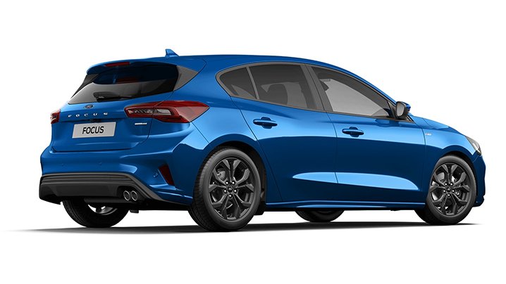 Blauer Ford Focus von hinten, sportliches Design mit schwarzen Felgen und einer modernen Karosserie.