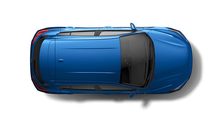 Obenansicht eines blauen Fahrzeugs mit glänzender Oberfläche und modernem Design.