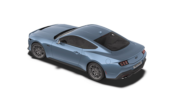 Ein blauer Ford Mustang GT, Ansicht von oben, sportliches Design und stilvolle Felgen.