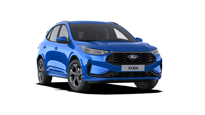 Blauer Ford Kuga SUV, sportliches Design, moderne Linien, präsentiert im Vordergrund auf weißem Hintergrund.