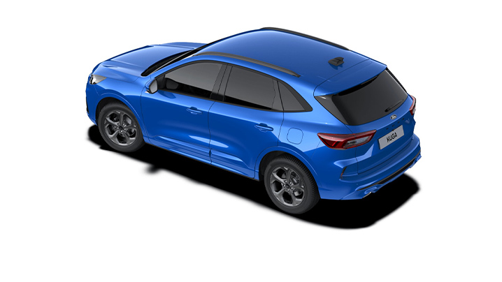 Blauer SUV von hinten oben sichtbar, Modell Kuga, moderne Linien und sportliches Design.