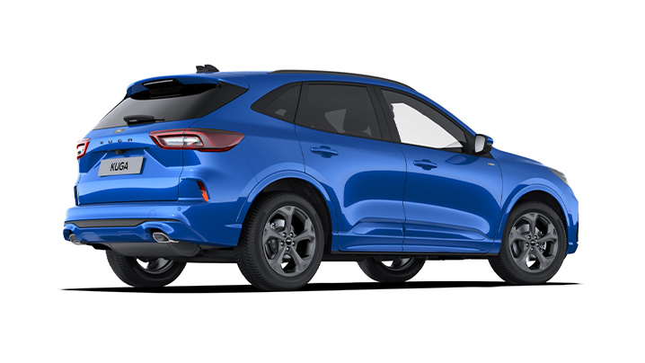 Blauer SUV Ford Kuga von der Seite und hinten, modern und sportlich gestaltet.