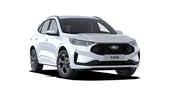 Weißer Ford Kuga SUV mit sportlichem Design und schwarzem Kühlergrill, frontalansicht.