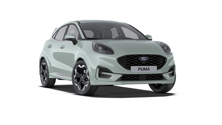 Ford Puma in hellgrüner Farbe mit sportlichem Design und markantem Kühlergrill, auf weißem Hintergrund.