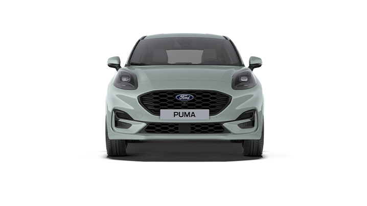 Vorderansicht eines Ford Puma in hellgrün, modernes Design, markanter Kühlergrill, sportliche Linien.
