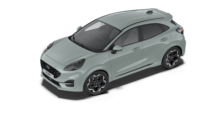 Ford Puma in grauem Farbton, sportliche Linien und moderne Designs, von oben betrachtet.