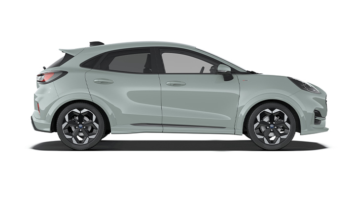 Seitenansicht eines modernen, mintgrünen Kompaktwagens mit sportlichen Designelementen und Felgen.