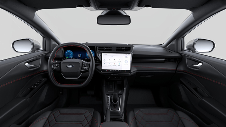 Ansicht des Innenraums eines Ford Fahrzeugs mit modernem Dashboard und Infotainment-System.