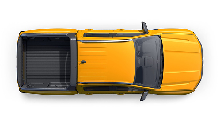 Seitenansicht eines gelben Pickup-Trucks aus der Vogelperspektive, mit offenem Ladebereich.