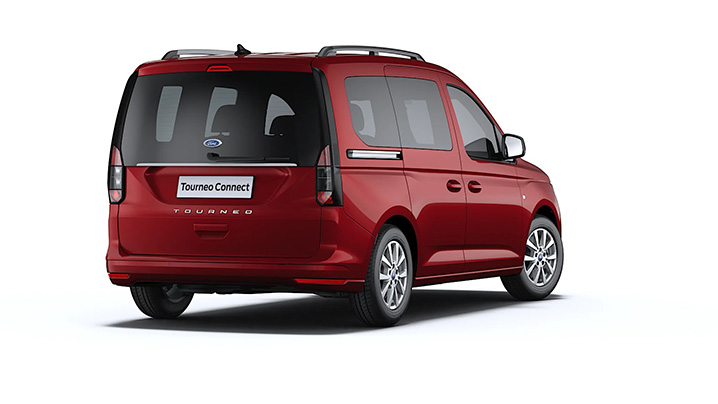 Roter Ford Tourneo Connect von hinten mit sportlichem Design und modernen Details.