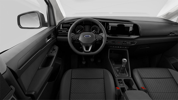 Blick auf das Innere eines Ford-Fahrzeugs, mit schwarzem Interieur, Lenkrad und Armaturenbrett sichtbar.
