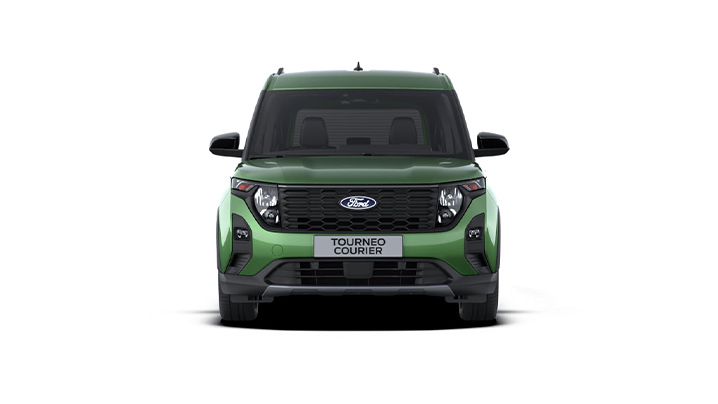 Frontansicht des Ford Tourneo Courier in leuchtendem Grün auf weißem Hintergrund.