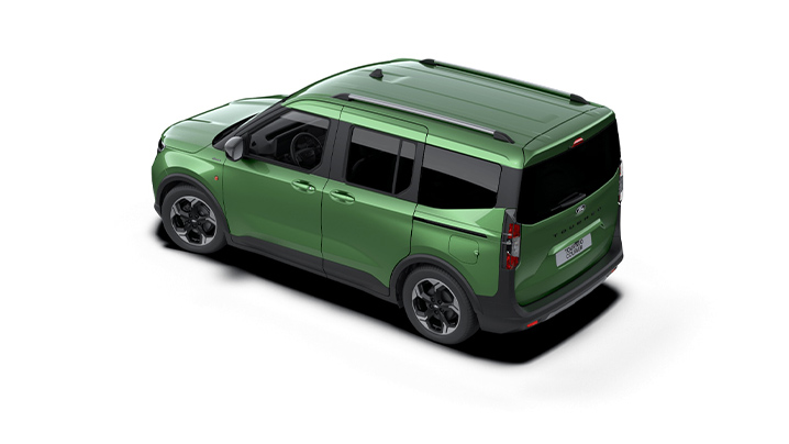 Ein grünes Auto von oben, mit sportlichen Felgen und eine moderne Designsilhouette.