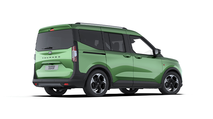 Ein grüner Van mit einem modernen Design, von hinten in 3/4-Ansicht abgebildet, präsentiert sich stilvoll und geräumig.