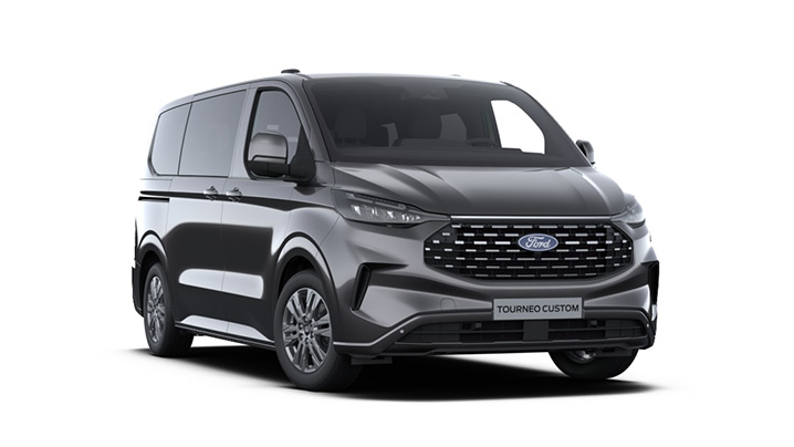 Ford Tourneo Custom Van in metallischem Grau, seitliche Sicht mit markantem Grill und modernen Designelementen.