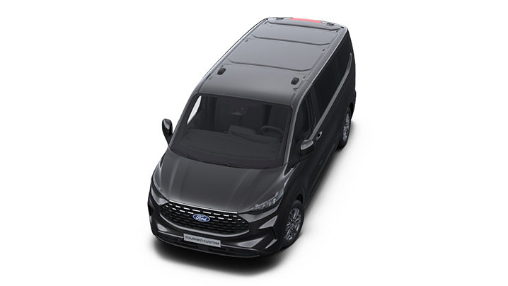 Schwarzer Ford Transit Custom von oben, sportliches Design, moderne Linien, ideal für Transport und Reisen.