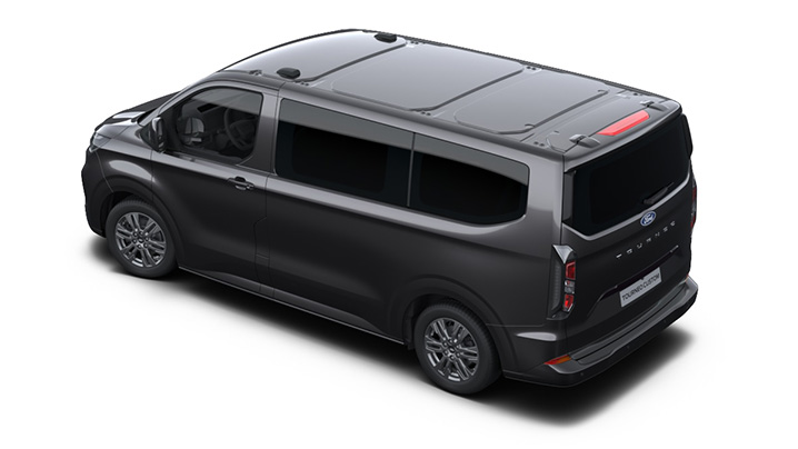 Obenansicht eines modernen Ford Transit Vans in Schwarz mit verglastem Dach und sportlichen Felgen.