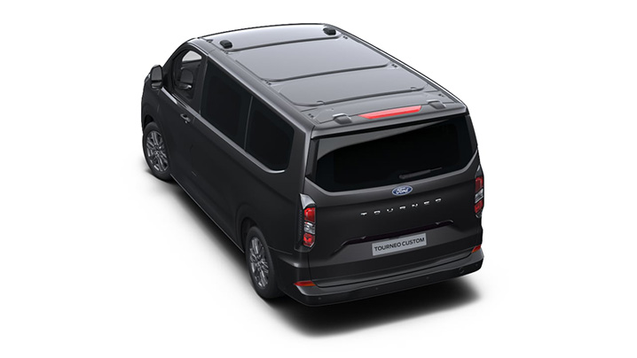 Draufsicht eines schwarzen Ford Tourneo Custom Vans mit sportlichem Design und klaren Linien.