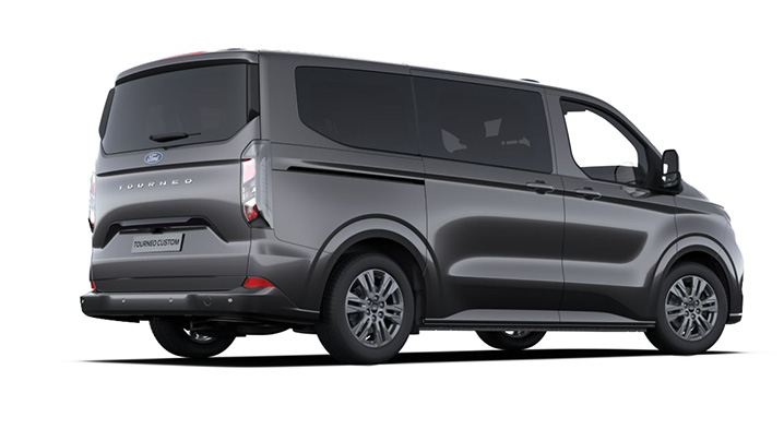 Ford Tourneo Custom in grau, Ansicht von hinten, moderne Minivan-Design, geräumig mit eleganten Linien.