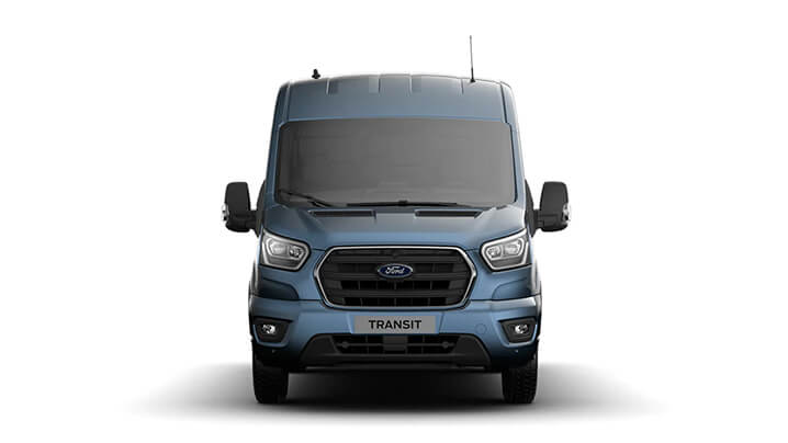 Frontansicht eines blauen Ford Transit Vans, Grill und Scheinwerfer sichtbar.