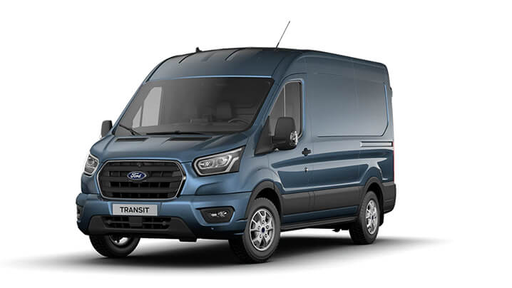 Ford Transit Transporter in blauer Farbe, Frontansicht, modernes Design, geeignet für gewerbliche Nutzung.