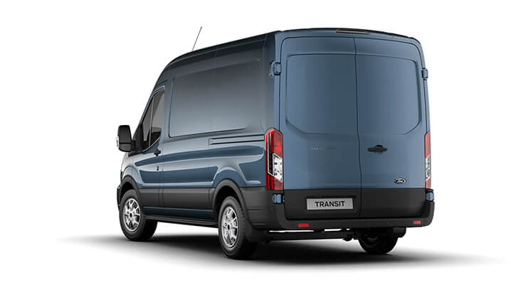 Blauer Ford Transit Transporter von hinten, ideal für Lieferungen und Gewerbe.
