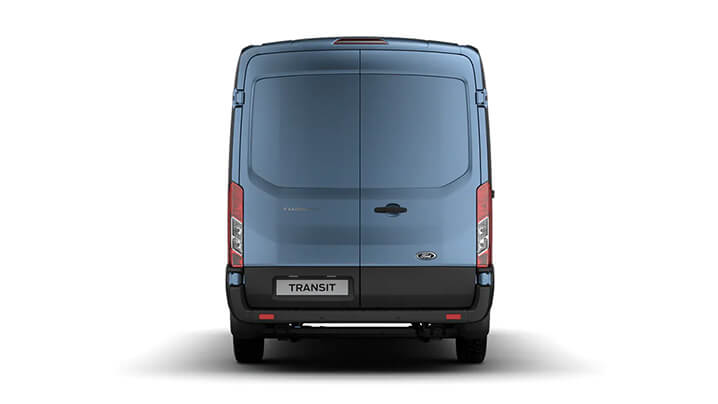 Heckansicht eines blauen Ford Transit Vans mit dem Schriftzug 