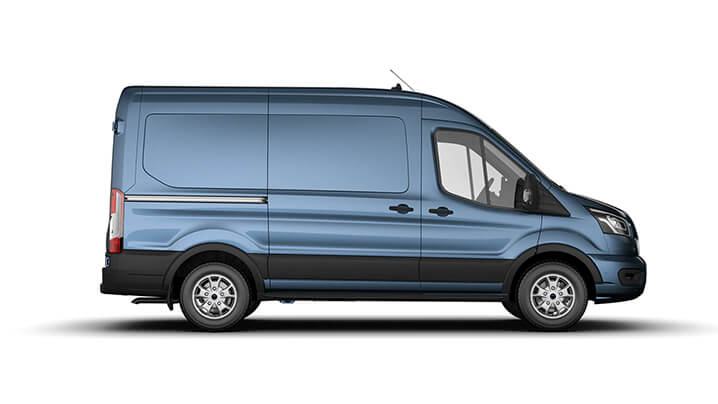 Seitenansicht eines blauen Lieferwagens, ideal für Transport und Logistik. Modernes Design und geräumige Innenraum.