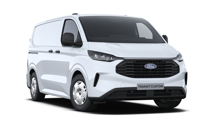 Weißer Ford Transit Custom, Frontansicht, moderner Lieferwagen, vielseitig für Gewerbe und Transport.