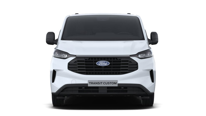 Vordersicht des Ford Transit Custom, einem weißen Transporter mit markantem Kühlergrill.