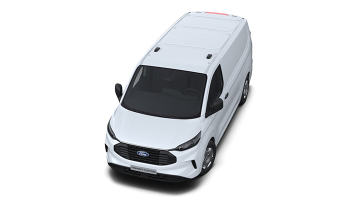 Weißer Ford Transit Custom Kastenwagen von oben, mit flachem Dach und großen Frontscheinwerfern.