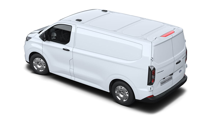 Weißer Lieferwagen von Ford, Ansicht von oben, mit glatter Karosserie und großen Rädern.