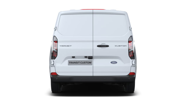 Rückansicht eines weißen Ford Transit Custom Vans mit deutlichen Markenzeichen.