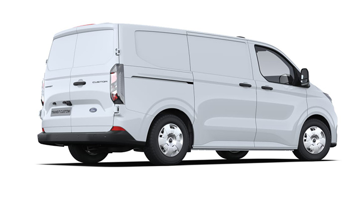 Weißer Ford Transit Custom Transporter von hinten, mit geschlossenem Ladebereich und modernen Linien.