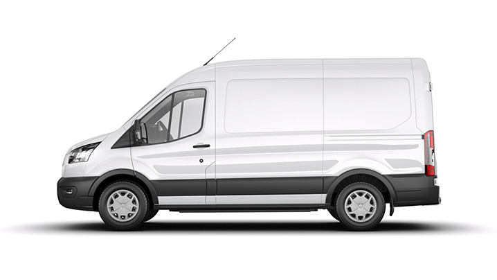 Weißer Transporter im Seitenprofil, ideal für Gewerbe und Transport. Eine praktische Fahrzeugwahl.