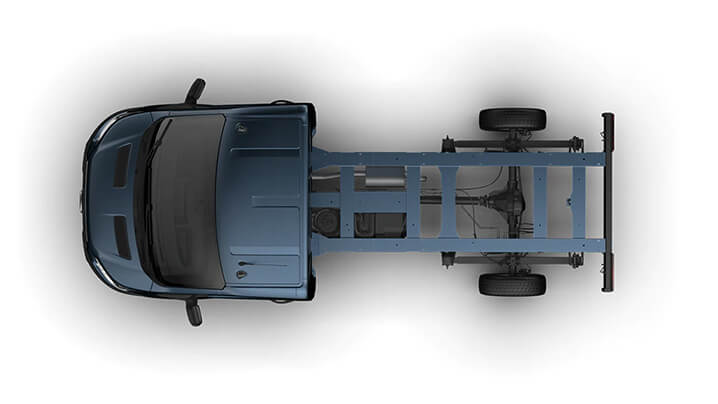 Topansicht eines blauen Fahrzeugs mit sichtbarem Chassis und Rädern. Ideal für Fahrzeugdesign und Technik.