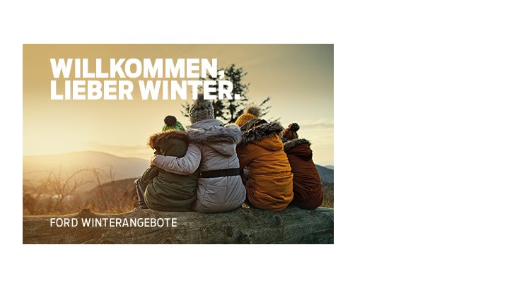 Vier Menschen in warmen Mänteln sitzen auf einem Felsen und blicken auf eine winterliche Landschaft. Schriftzug: Willkommen, lieber Winter.