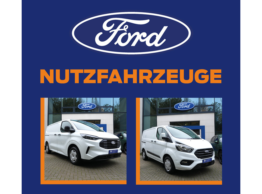 Zwei Ford-Nutzfahrzeuge vor einem Ford-Geschäft mit Logo und blauem Hintergrund.